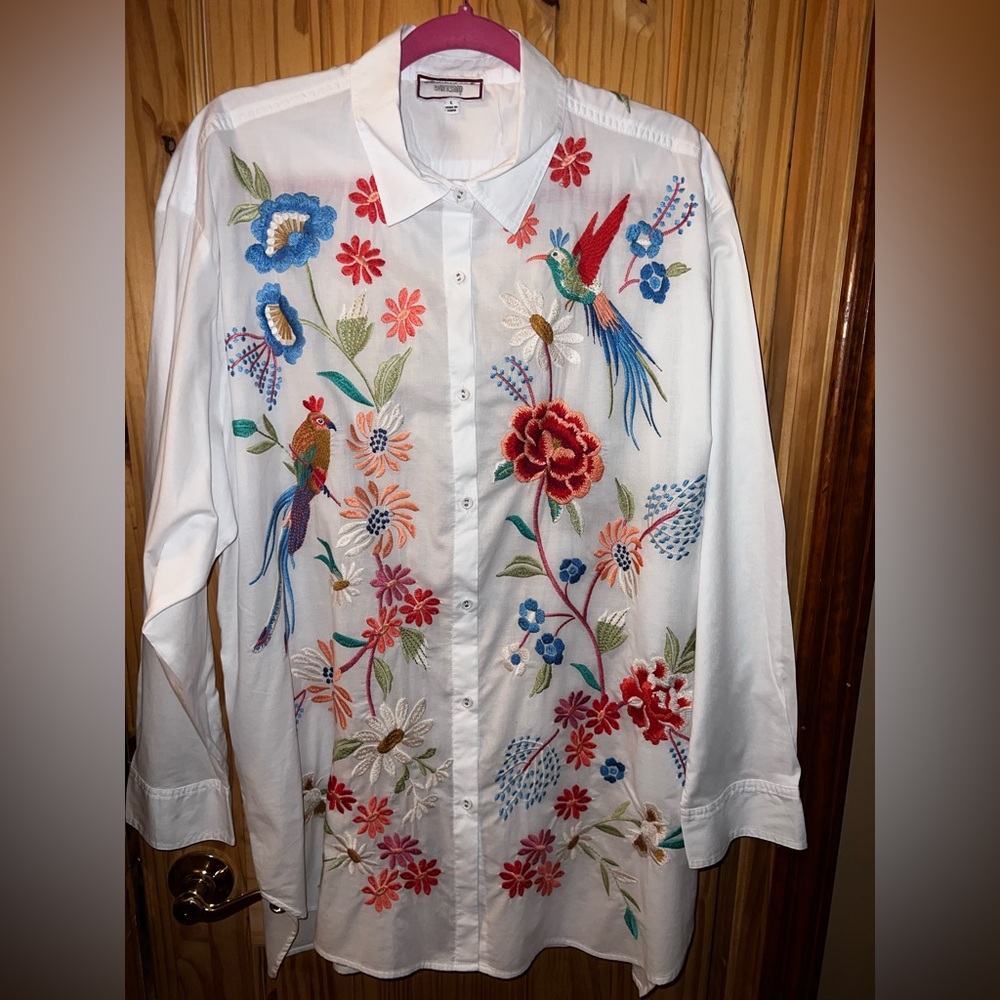 JOHNNY WAS WORKSHOP Marissa Relaxed Oversize Tunic Shirt Embroidered White L NWT